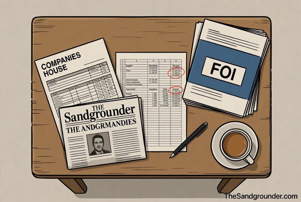 A desk viewed from above showing The Sandgrounder newspaper, a Companies House printout, a supplier spend spreadsheet with figures circled in red, an FOI folder, a pen, and a cold cup of tea