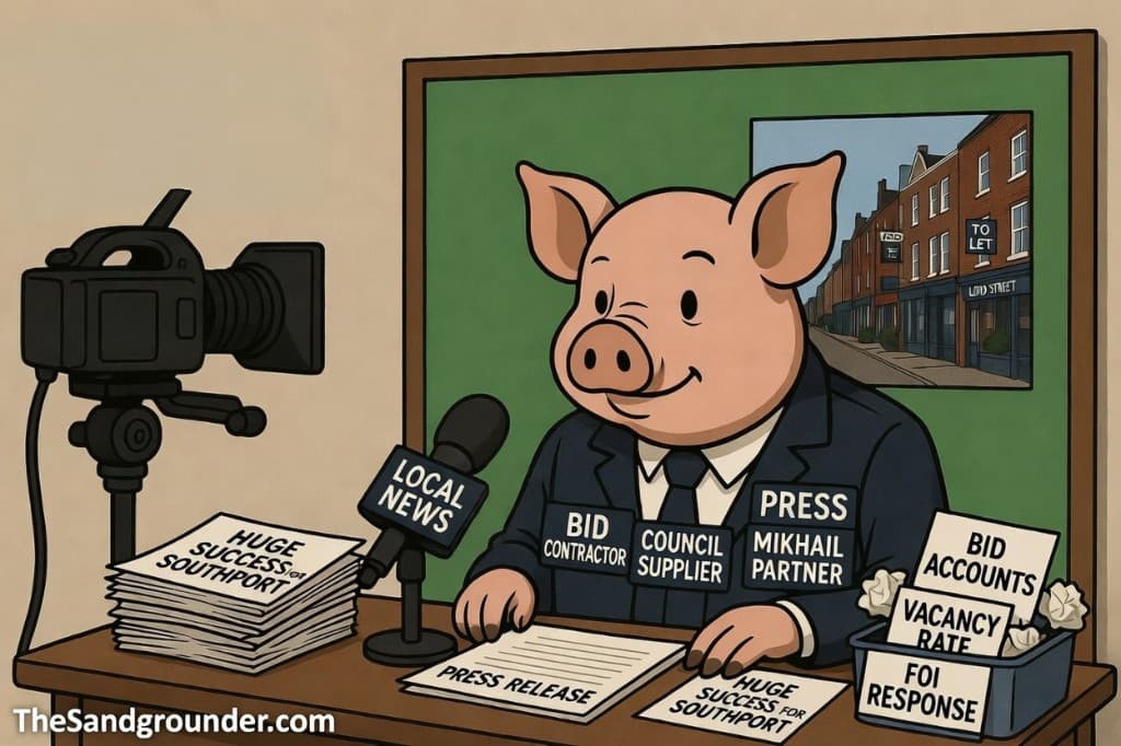 A pig newsreader sits at a local news desk wearing badges reading BID Contractor, Council Supplier, Mikhail Partner. A stack of Huge Success For Southport scripts sits on the desk. The bin overflows with crumpled BID Accounts, Vacancy Rate and FOI Response papers. The green screen behind shows the real Lord Street with To Let signs.