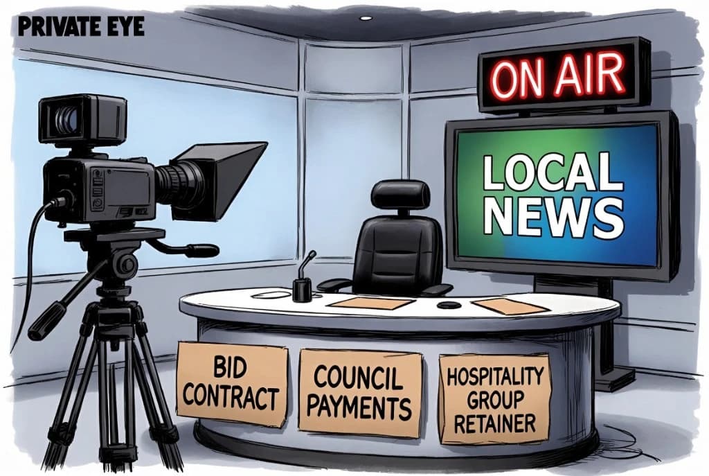 An empty local news studio. Three labels on the newsdesk read: BID Contract, Council Payments, Hospitality Group Retainer. The ON AIR sign is lit. The chair is empty.