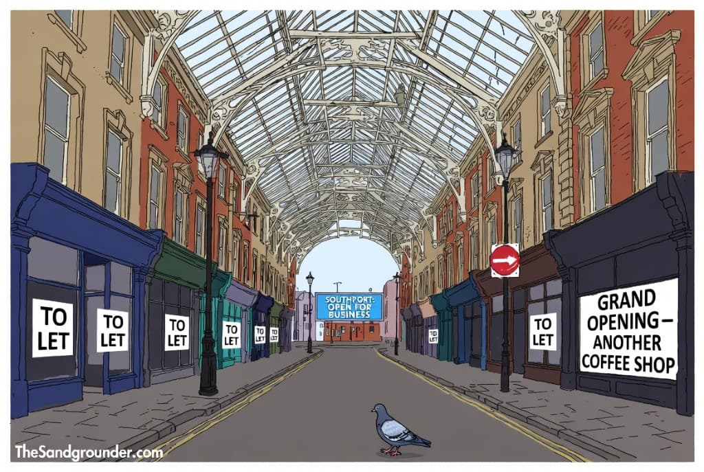 Lord Street Southport under its Victorian glass canopy, every shop unit showing a TO LET sign, a single pigeon on the empty street, one unit reading Grand Opening: Another Coffee Shop, and a billboard at the end reading Southport: Open For Business