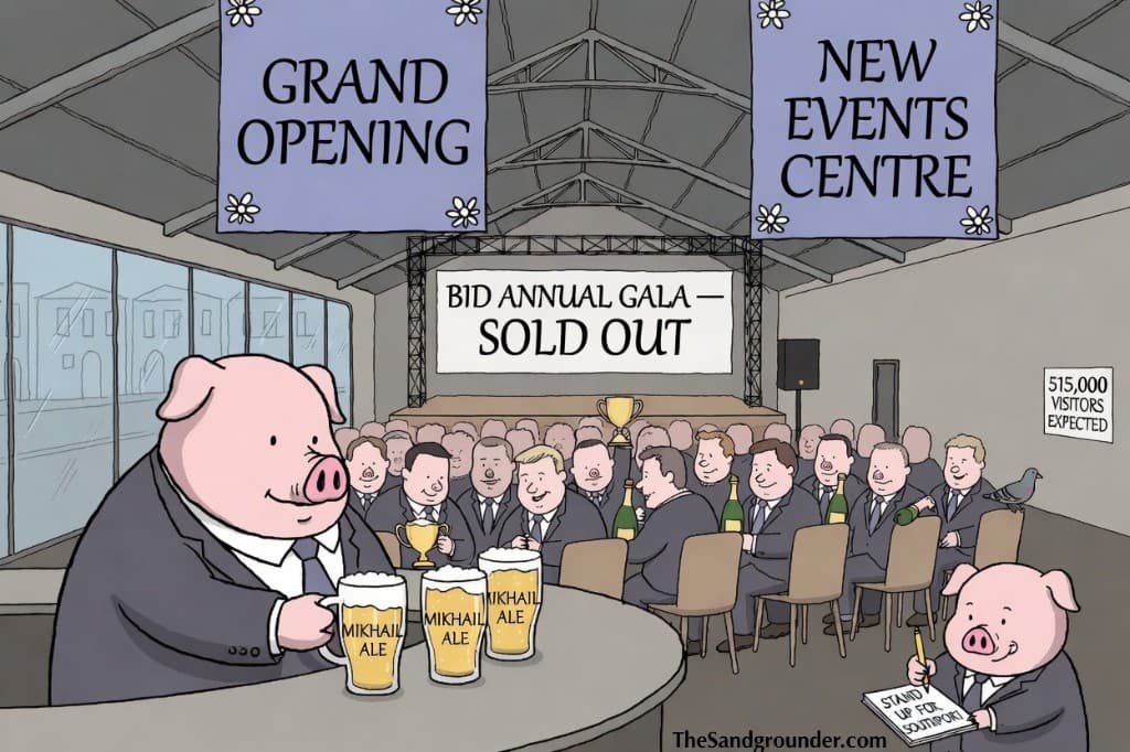 A pig bartender serves Mikhail Ale at the MLEC grand opening while identical grey-suited men fill the seats for the BID Annual Gala. A reporter pig scribbles in a Stand Up For Southport notepad. A 515,000 Visitors Expected sign hangs on the wall.
