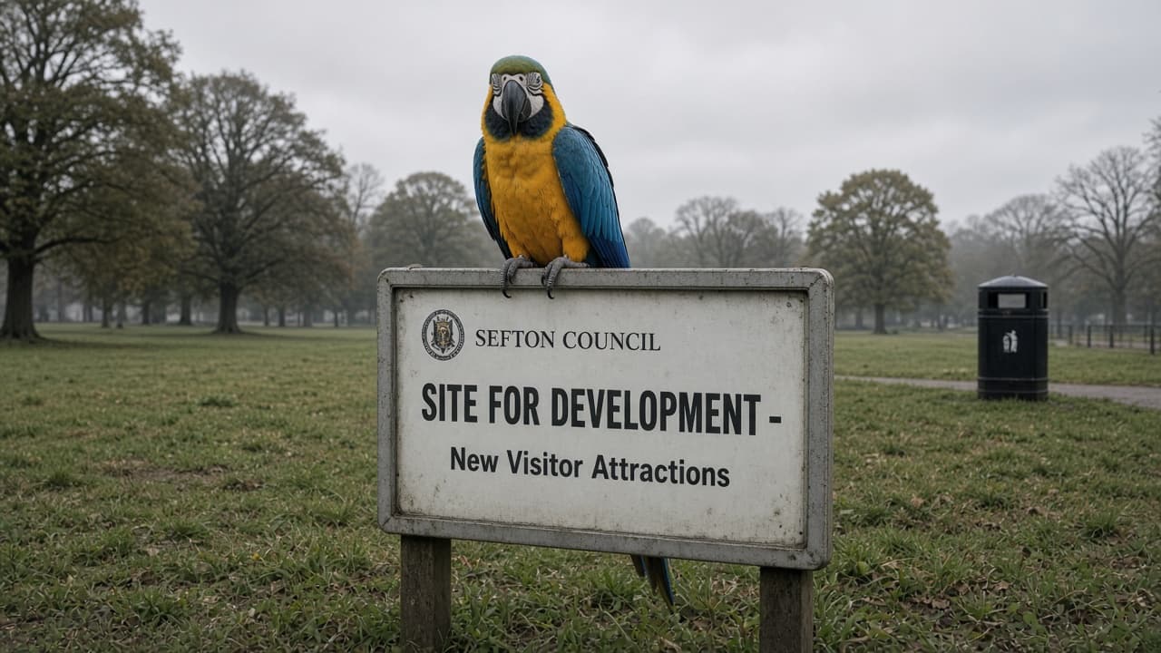 A blue and gold macaw perched on a Sefton Council Site for Development sign in a grey northern park