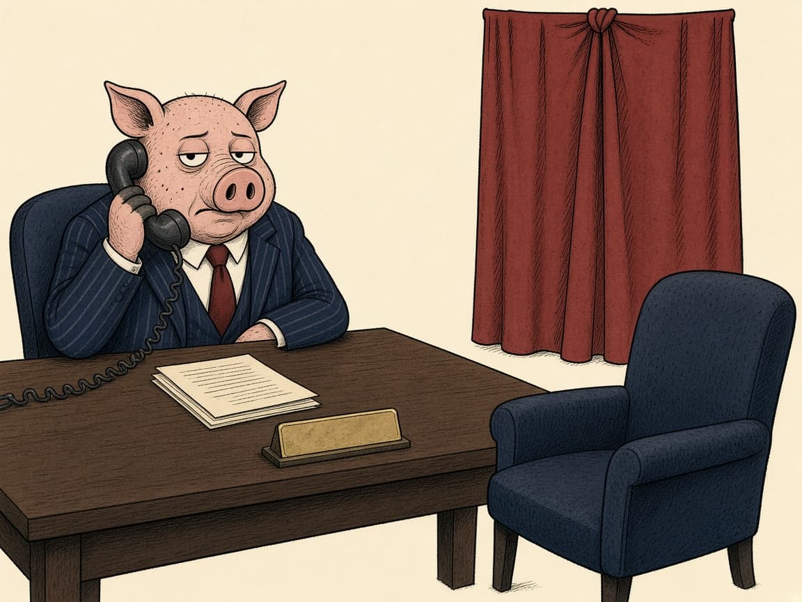 A pig solicitor waits on the telephone. The chair opposite is empty, and the nameplate on the desk is blank.