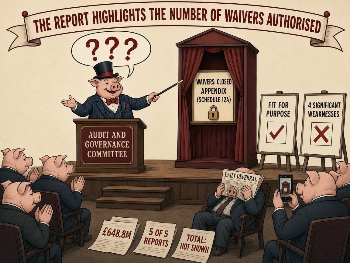 A pig magician in a top hat gestures to a curtained cabinet labelled Waivers: Closed Appendix, Schedule 12A, while committee pigs applaud, one asleep under a newspaper. Signs read Fit For Purpose and 4 Significant Weaknesses side by side.