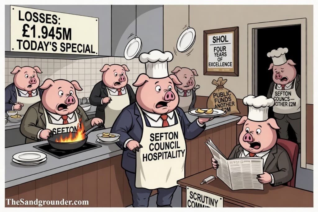 Council pigs in chef hats run a chaotic kitchen under a Losses 1.945M Today's Special sign while a scrutiny committee pig reads a newspaper undisturbed in the corner