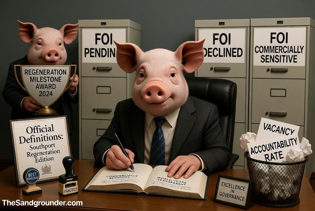 A pig bureaucrat in a pinstripe suit writes in the Official Definitions: Southport Regeneration Edition dictionary. Three filing cabinets behind read FOI Pending, FOI Declined, FOI Commercially Sensitive. A second pig holds a Regeneration Milestone Award 2024 trophy. The bin contains crumpled Vacancy Rate and Accountability papers.